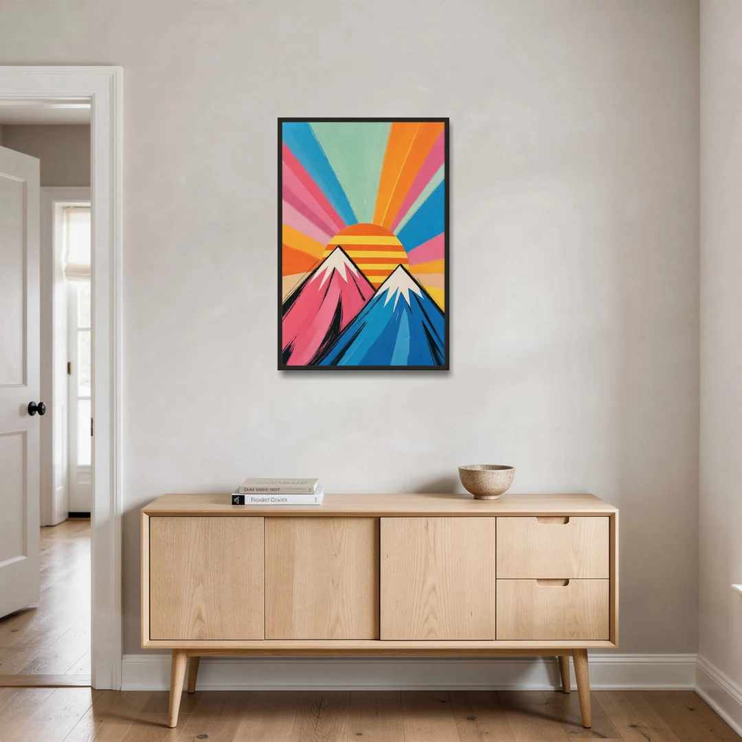 Pop Art Mountain Sunrise with Striped Sun - Black Framed Canvas Wall Art - Coffee Table - 24x36