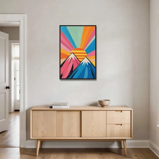 Pop Art Mountain Sunrise with Striped Sun - Black Framed Canvas Wall Art - Coffee Table - 24x36