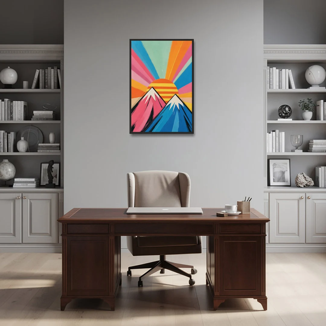 Pop Art Mountain Sunrise with Striped Sun - Black Framed Canvas Wall Art - Office - 24x36