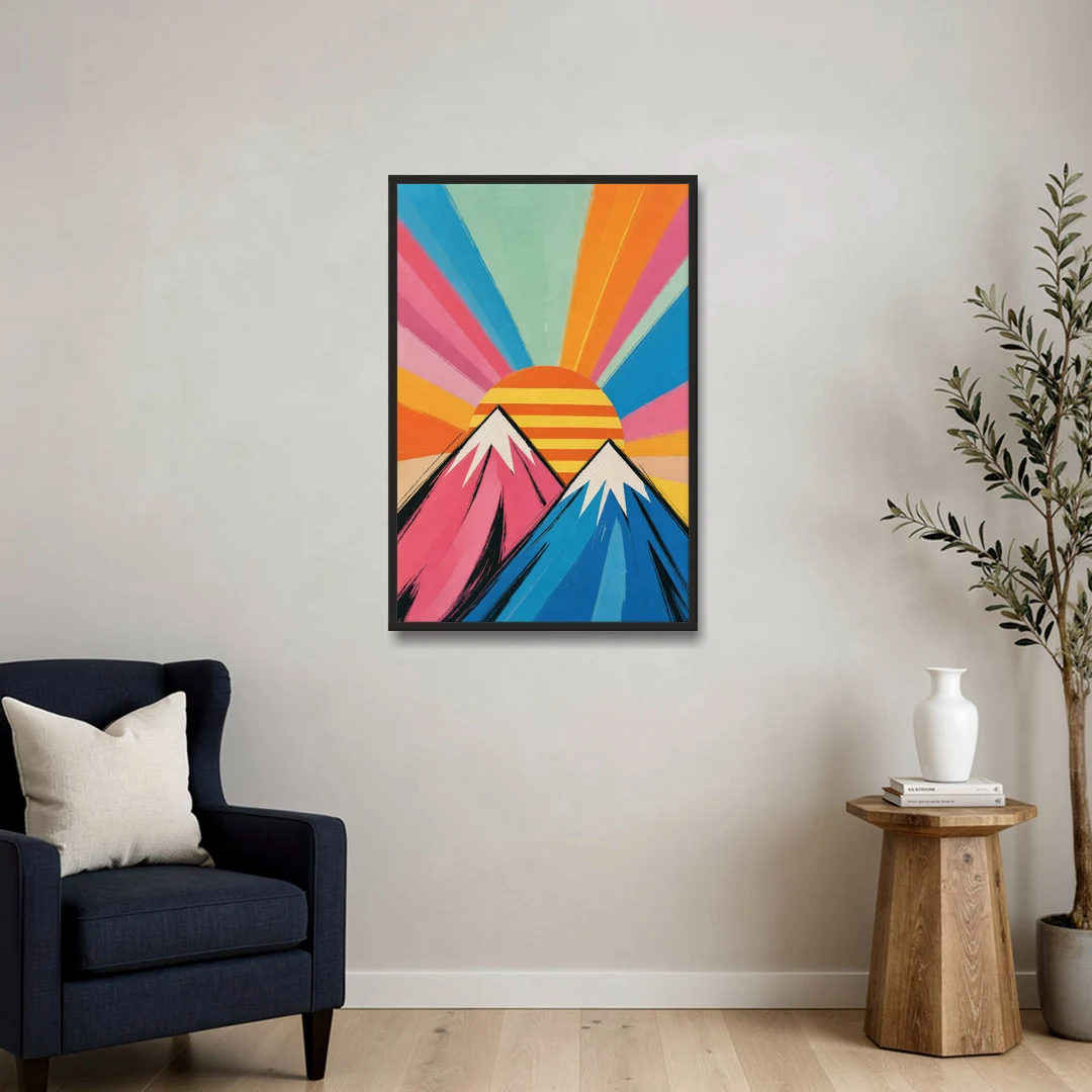 Pop Art Mountain Sunrise with Striped Sun - Black Framed Canvas Wall Art - Sofa - 24x36