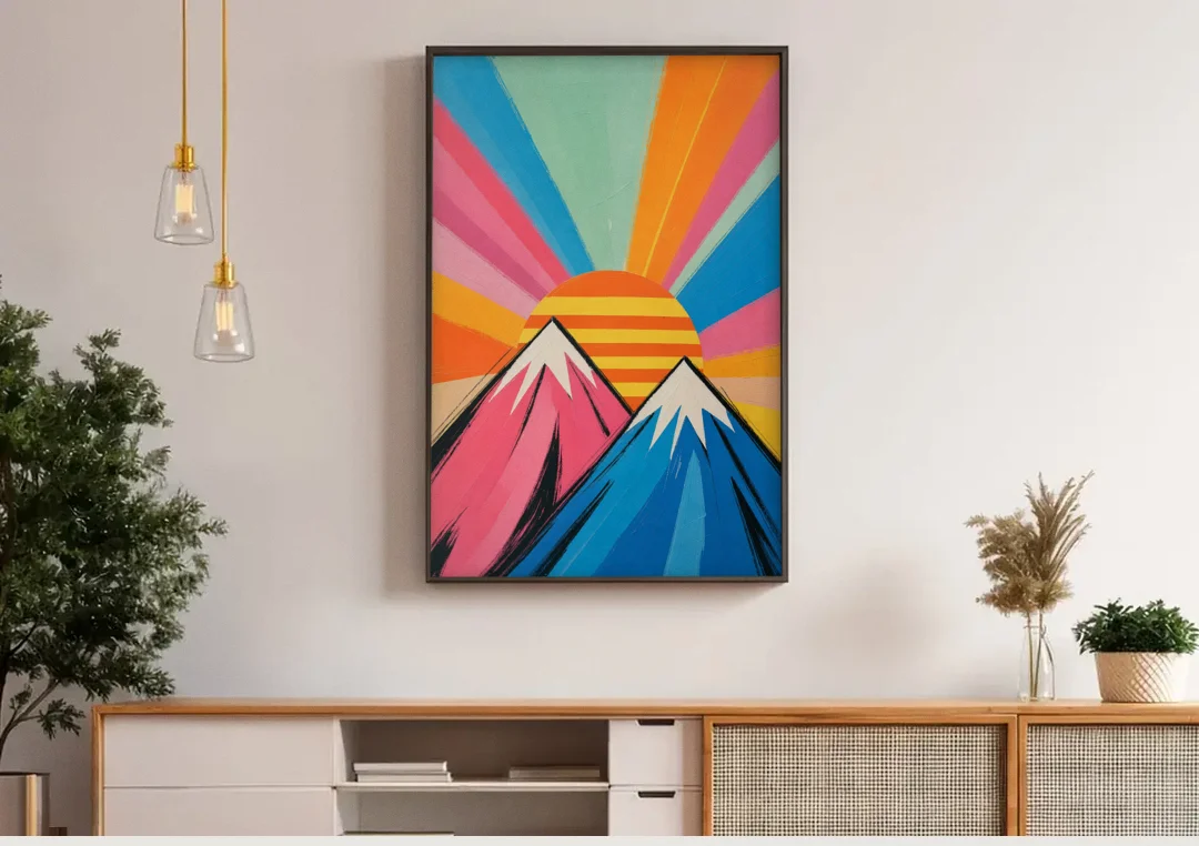 Pop Art Mountain Sunrise with Striped Sun canvas wall art above a wooden sideboard under pendant lights