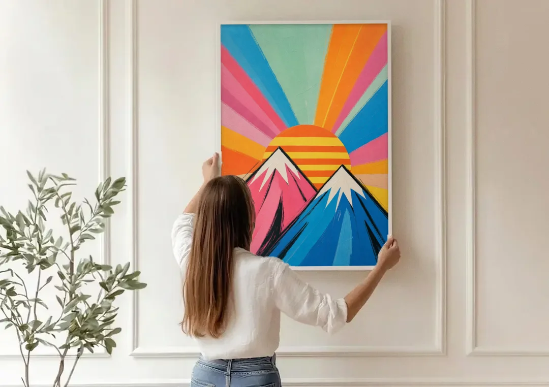 Pop Art Mountain Sunrise with Striped Sun canvas wall art being hung on a paneled wall