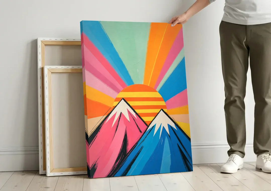 Pop Art Mountain Sunrise with Striped Sun canvas wall art leaning against a wall next to blank canvases