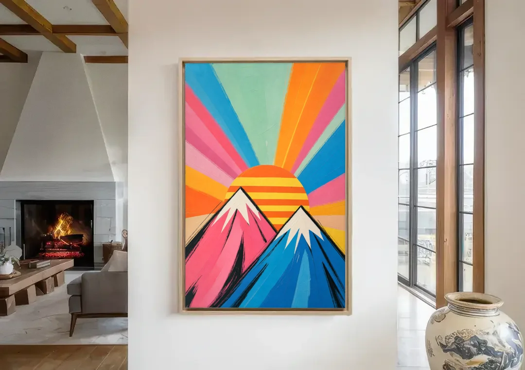 Pop Art Mountain Sunrise with Striped Sun canvas wall art in a living room with a fireplace