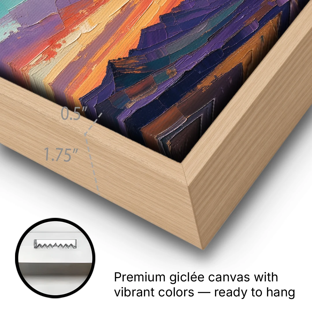 Mountain Sunset Painting Over a Violet Valley - Oak Framed Canvas Wall Art - Gallery Wrap Corner