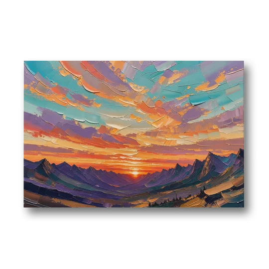 Mountain Sunset Painting Over a Violet Valley - Canvas Wall Art - Front