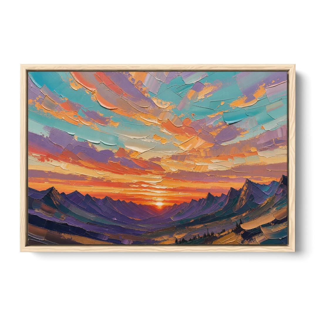 Mountain Sunset Painting Over a Violet Valley - Oak Framed Canvas Wall Art - Front
