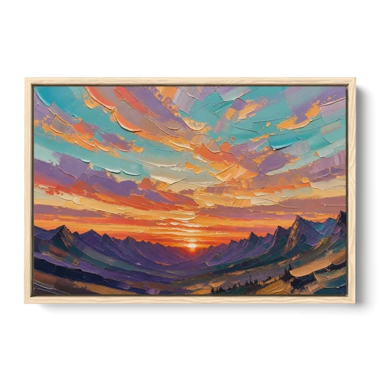Mountain Sunset Painting Over a Violet Valley - Oak Framed Canvas Wall Art - Front