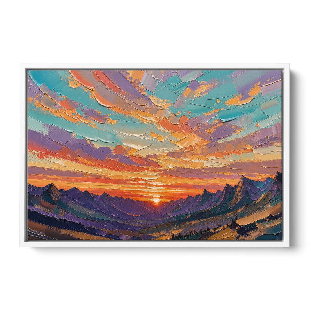 Mountain Sunset Painting Over a Violet Valley - White Framed Canvas Wall Art - Front