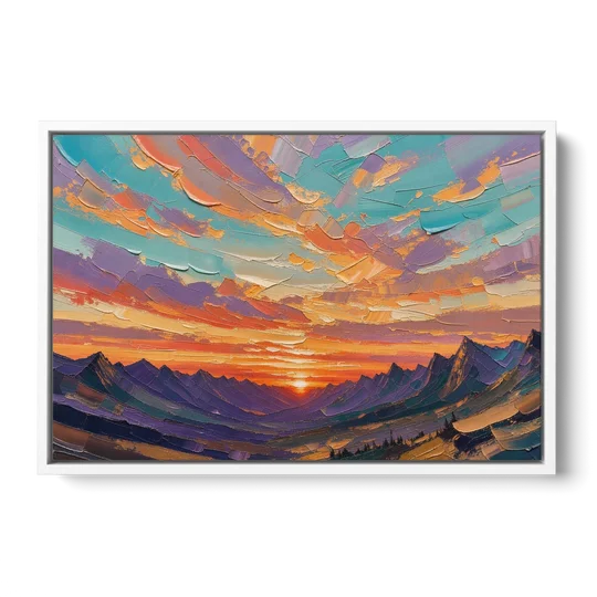 Mountain Sunset Painting Over a Violet Valley - White Framed Canvas Wall Art - Front