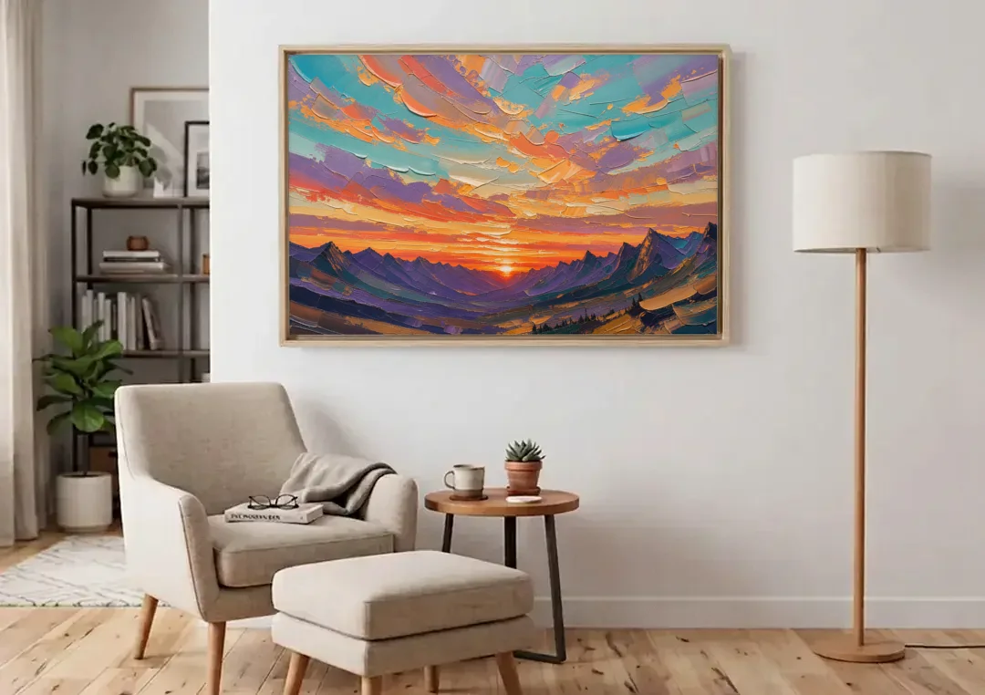 Mountain Sunset Painting Over a Violet Valley canvas wall art above an armchair in a bright living room