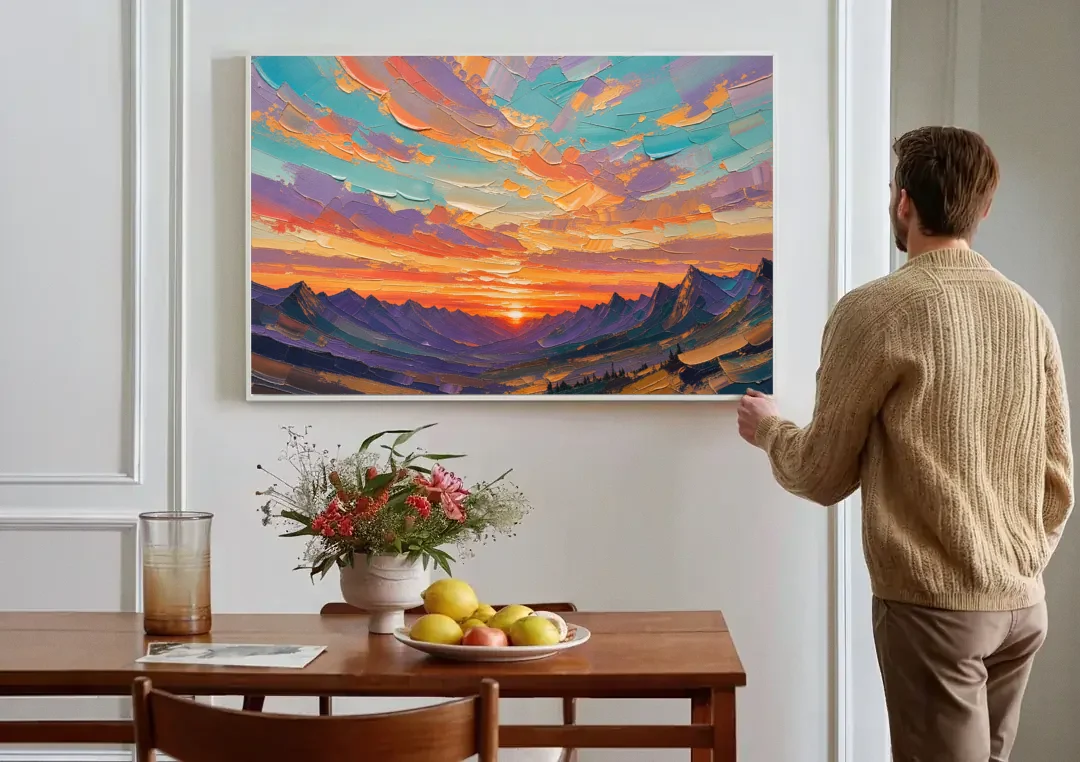 Mountain Sunset Painting Over a Violet Valley canvas wall art above a dining table