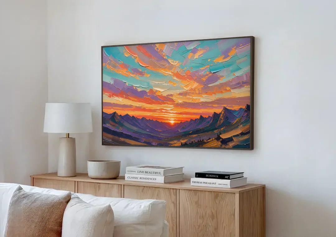Mountain Sunset Painting Over a Violet Valley canvas wall art above a wooden sideboard next to a sofa