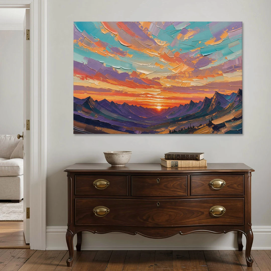 Mountain Sunset Painting Over a Violet Valley - Canvas Wall Art - Coffee Table - 60x40
