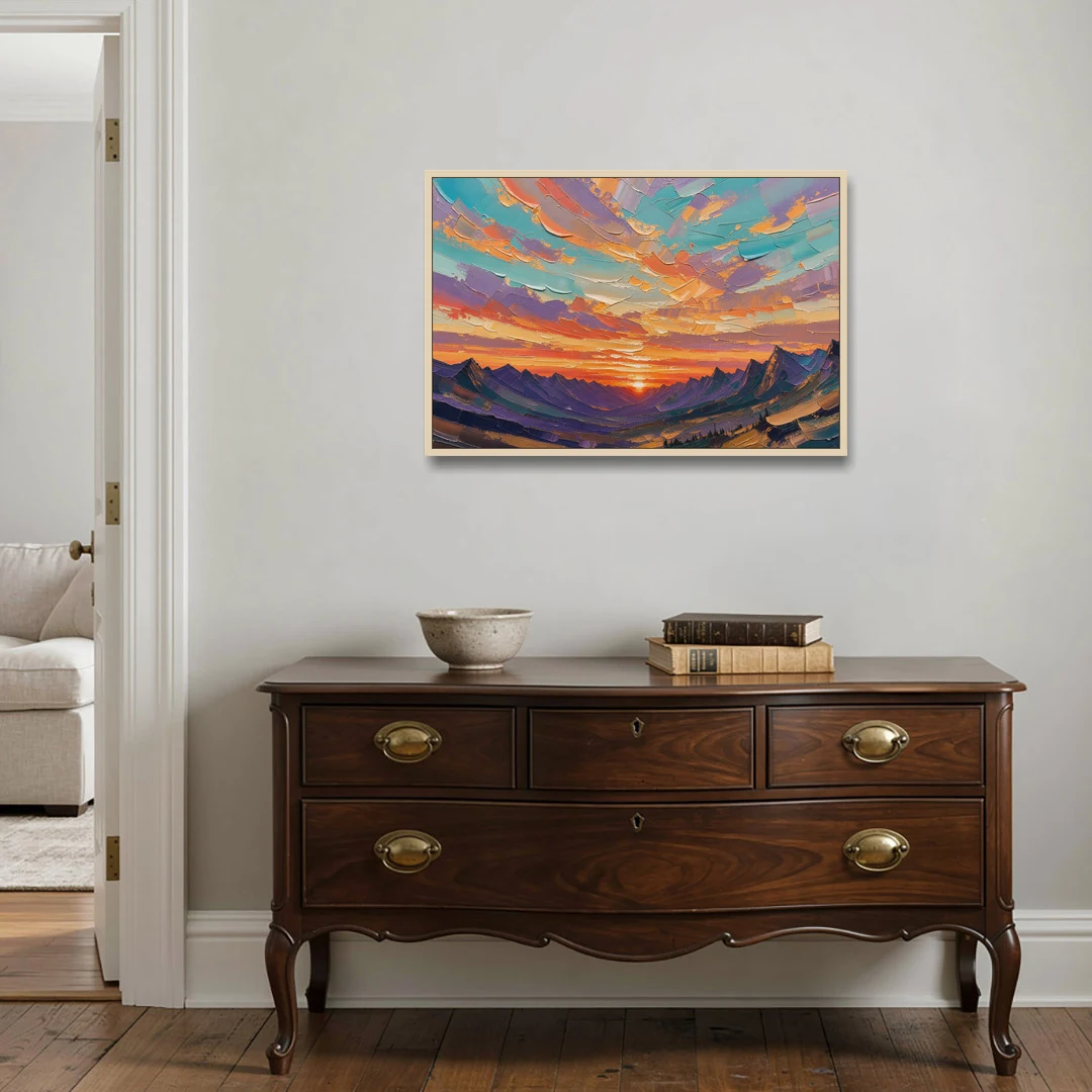 Mountain Sunset Painting Over a Violet Valley - Oak Framed Canvas Wall Art - Coffee Table - 36x24