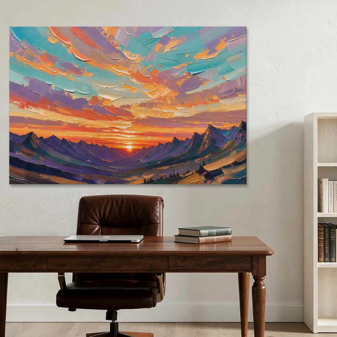 Mountain Sunset Painting Over a Violet Valley - Canvas Wall Art - Office - 60x40