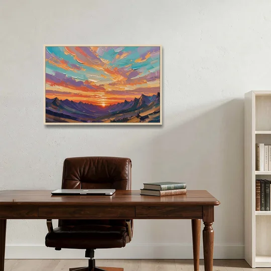Mountain Sunset Painting Over a Violet Valley - Oak Framed Canvas Wall Art - Office - 36x24