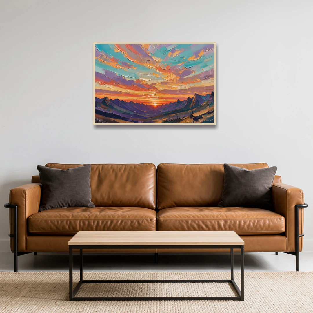 Mountain Sunset Painting Over a Violet Valley - Oak Framed Canvas Wall Art - Sofa - 36x24