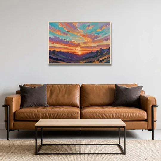 Mountain Sunset Painting Over a Violet Valley - Oak Framed Canvas Wall Art - Sofa - 36x24