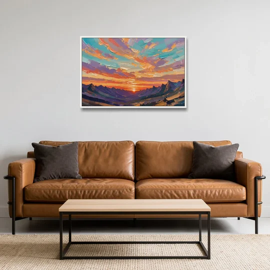Mountain Sunset Painting Over a Violet Valley - White Framed Canvas Wall Art - Sofa - 36x24