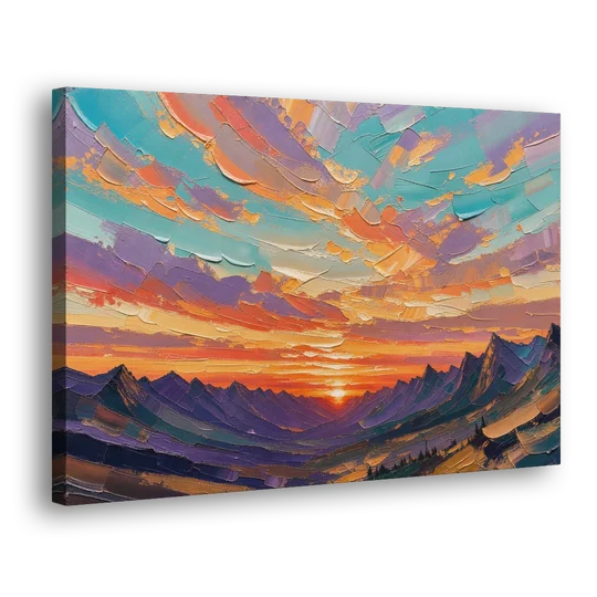 Mountain Sunset Painting Over a Violet Valley - Canvas Wall Art - Side