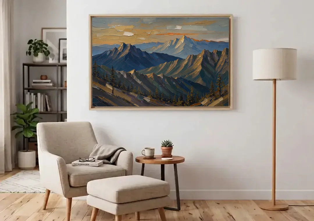 Mountain Wall Art of Three Ridges at Dusk canvas wall art above an armchair in a bright living room