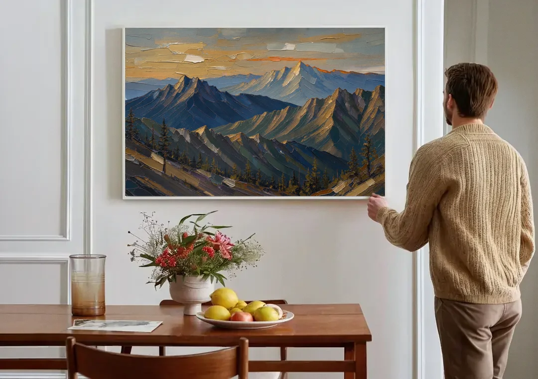 Mountain Wall Art of Three Ridges at Dusk canvas wall art above a dining table