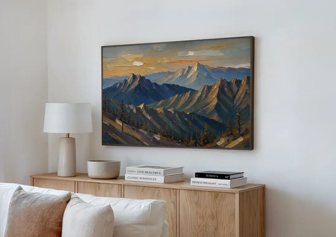 Mountain Wall Art of Three Ridges at Dusk canvas wall art above a wooden sideboard next to a sofa