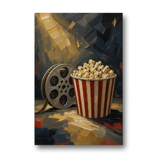 Movie Room Decor with Popcorn and Film Reel - Canvas Wall Art - Front