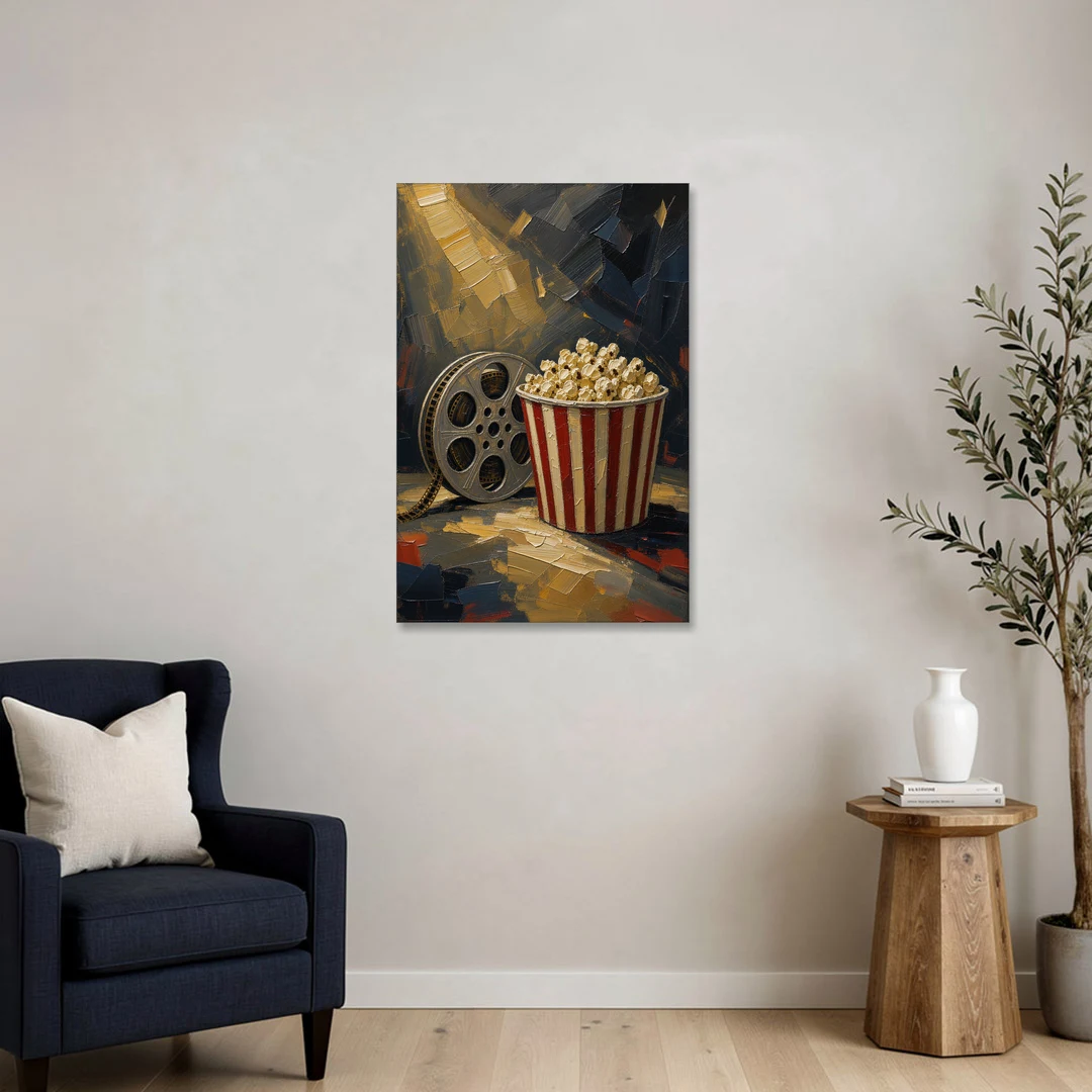 Movie Room Decor with Popcorn and Film Reel - Canvas Wall Art - Sofa - 24x36