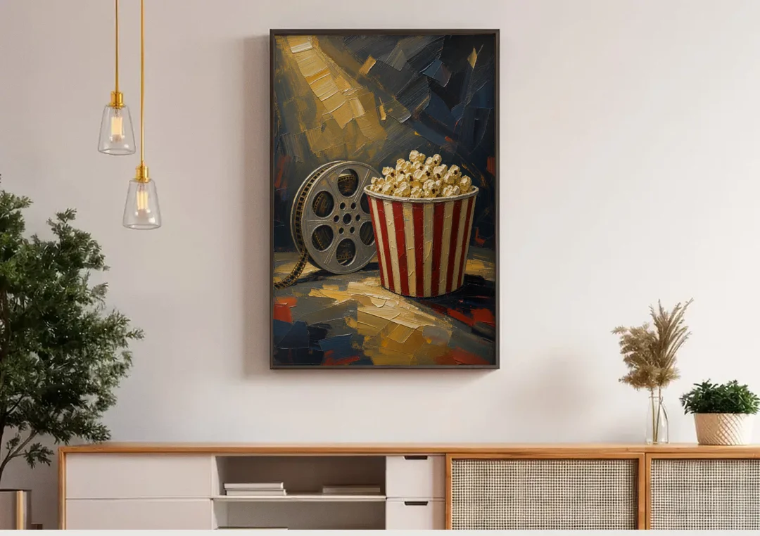 Movie Room Decor with Popcorn and Film Reel canvas wall art above a wooden sideboard under pendant lights