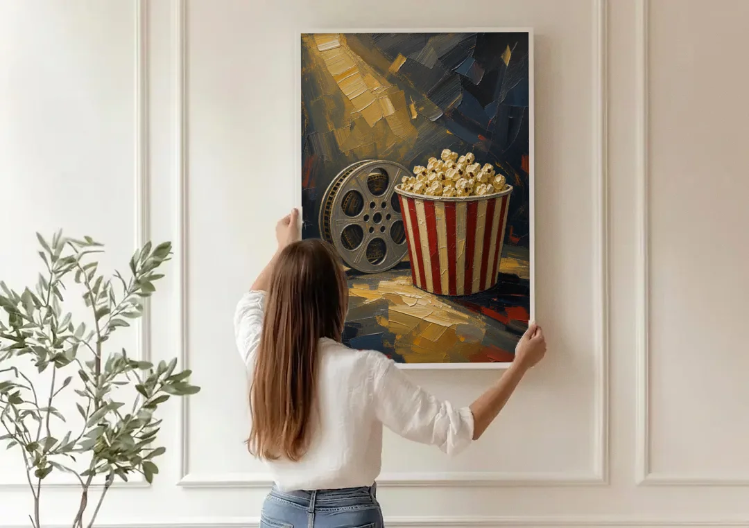 Movie Room Decor with Popcorn and Film Reel canvas wall art being hung on a paneled wall