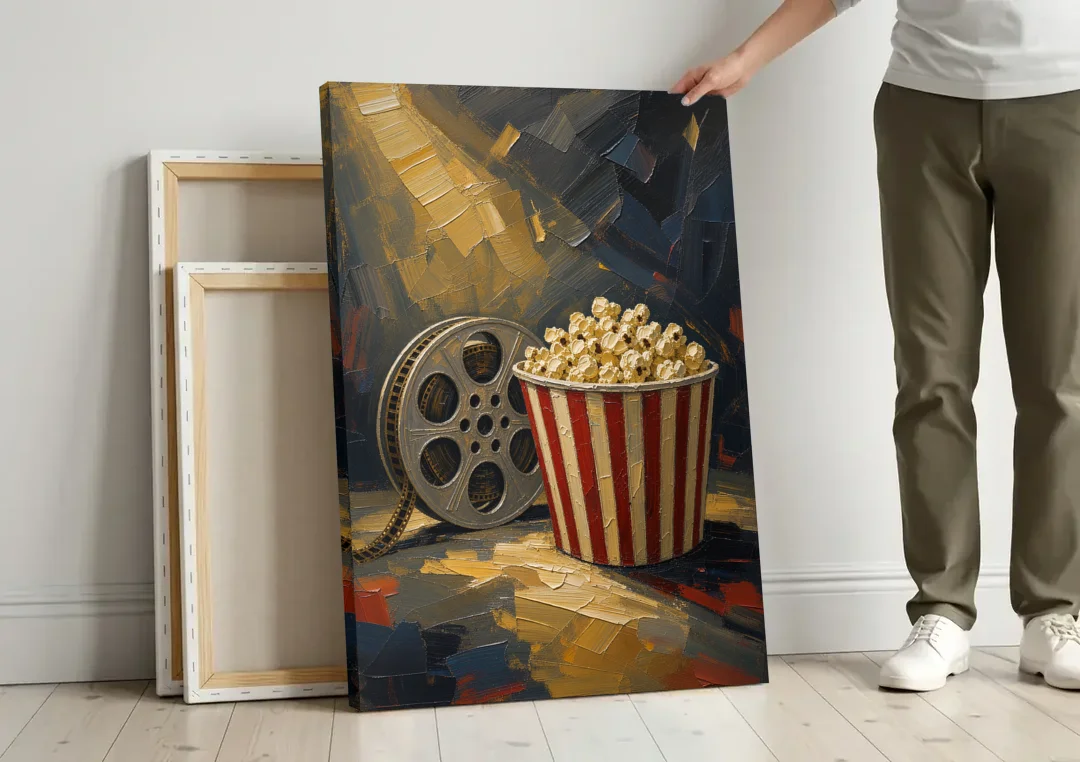Movie Room Decor with Popcorn and Film Reel canvas wall art leaning against a wall next to blank canvases