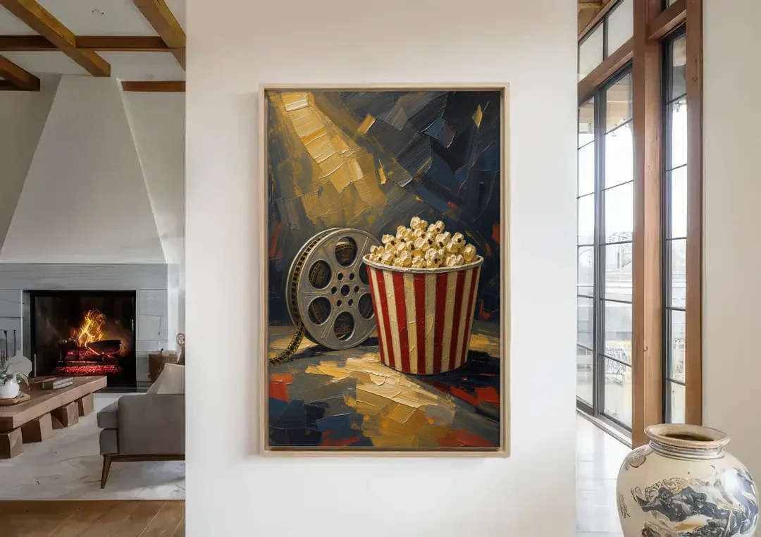 Movie Room Decor with Popcorn and Film Reel canvas wall art in a living room with a fireplace