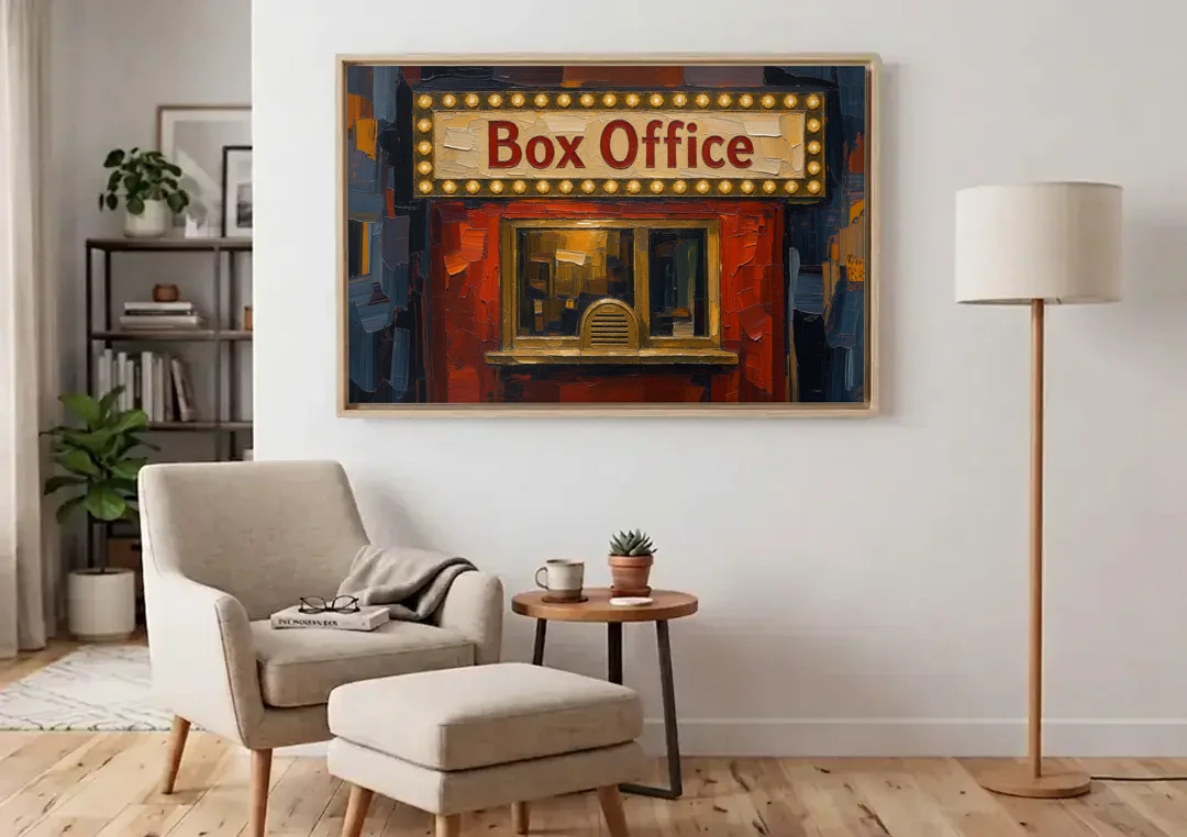 Movie Theater Decor with a Glowing Box Office canvas wall art above an armchair in a bright living room