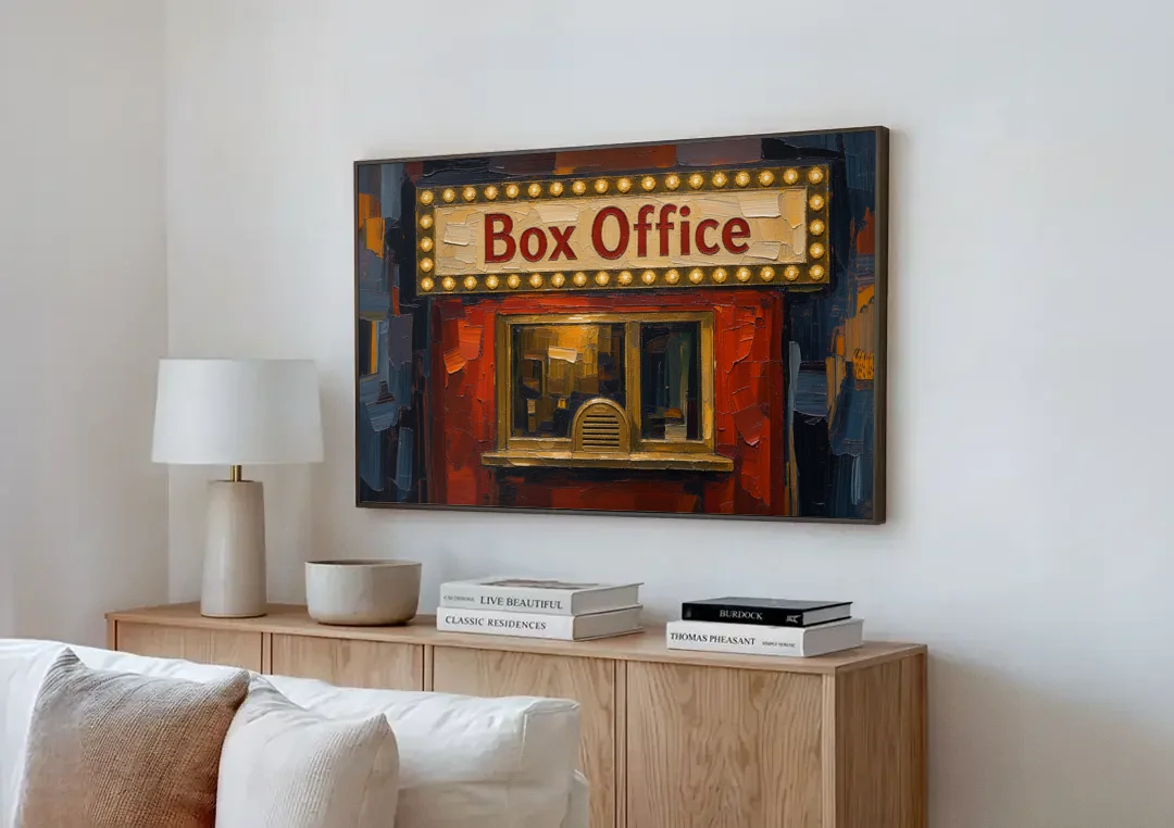 Movie Theater Decor with a Glowing Box Office canvas wall art above a wooden sideboard next to a sofa
