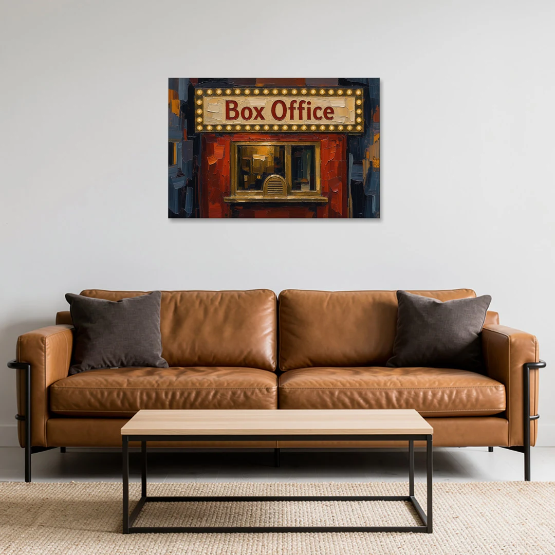 Movie Theater Decor with a Glowing Box Office - Canvas Wall Art - Sofa - 36x24