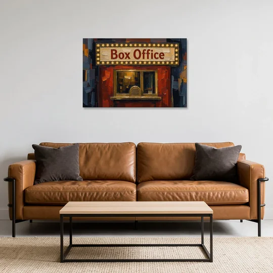 Movie Theater Decor with a Glowing Box Office - Canvas Wall Art - Sofa - 36x24