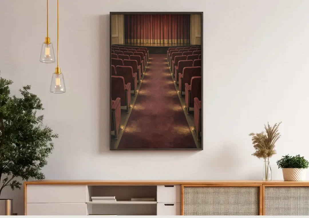 Movie Theater Painting of the Lit Aisle canvas wall art above a wooden sideboard under pendant lights