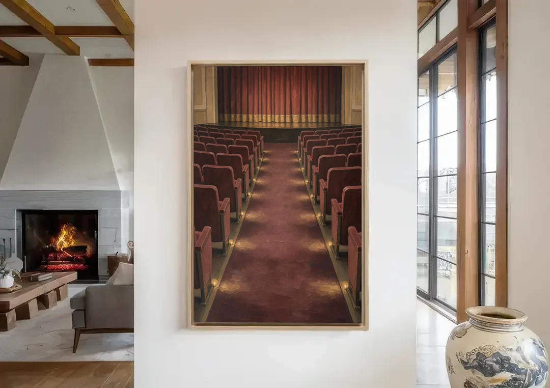 Movie Theater Painting of the Lit Aisle canvas wall art in a living room with a fireplace
