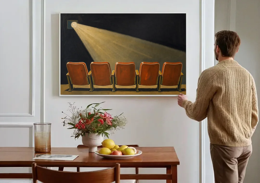 Movie Theater Wall Art with Five Red Seats canvas wall art above a dining table