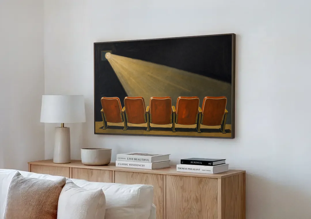 Movie Theater Wall Art with Five Red Seats canvas wall art above a wooden sideboard next to a sofa