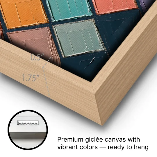 Multicolor Abstract Harlequin Diamond Impasto - Oak Framed Canvas Wall Art - Gallery Wrap Corner