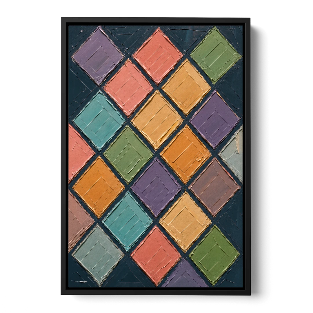 Multicolor Abstract Harlequin Diamond Impasto - Black Framed Canvas Wall Art - Front