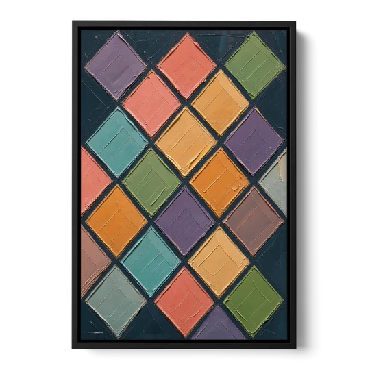 Multicolor Abstract Harlequin Diamond Impasto - Black Framed Canvas Wall Art - Front