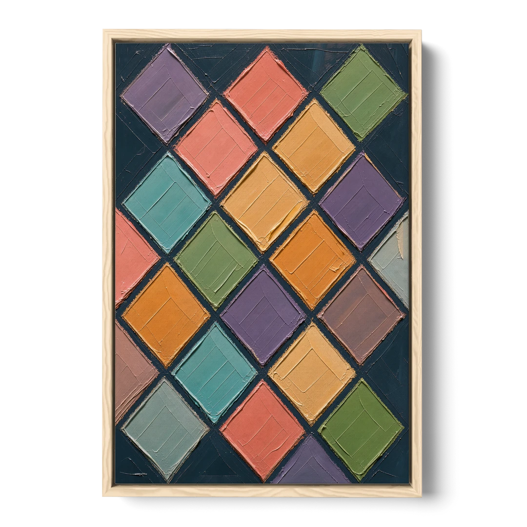 Multicolor Abstract Harlequin Diamond Impasto - Oak Framed Canvas Wall Art - Front
