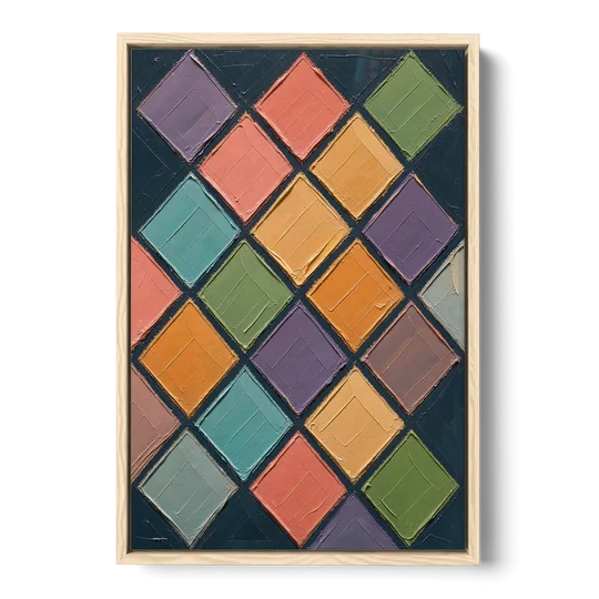 Multicolor Abstract Harlequin Diamond Impasto - Oak Framed Canvas Wall Art - Front