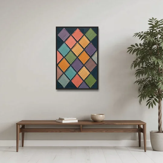 Multicolor Abstract Harlequin Diamond Impasto - Black Framed Canvas Wall Art - Coffee Table - 24x36