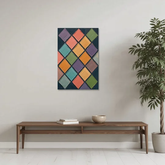 Multicolor Abstract Harlequin Diamond Impasto - Canvas Wall Art - Coffee Table - 24x36