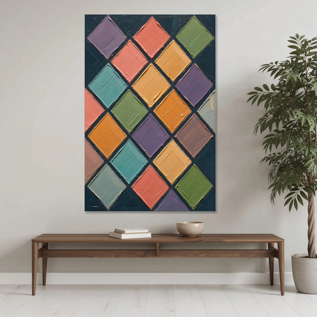 Multicolor Abstract Harlequin Diamond Impasto - Canvas Wall Art - Coffee Table - 40x60